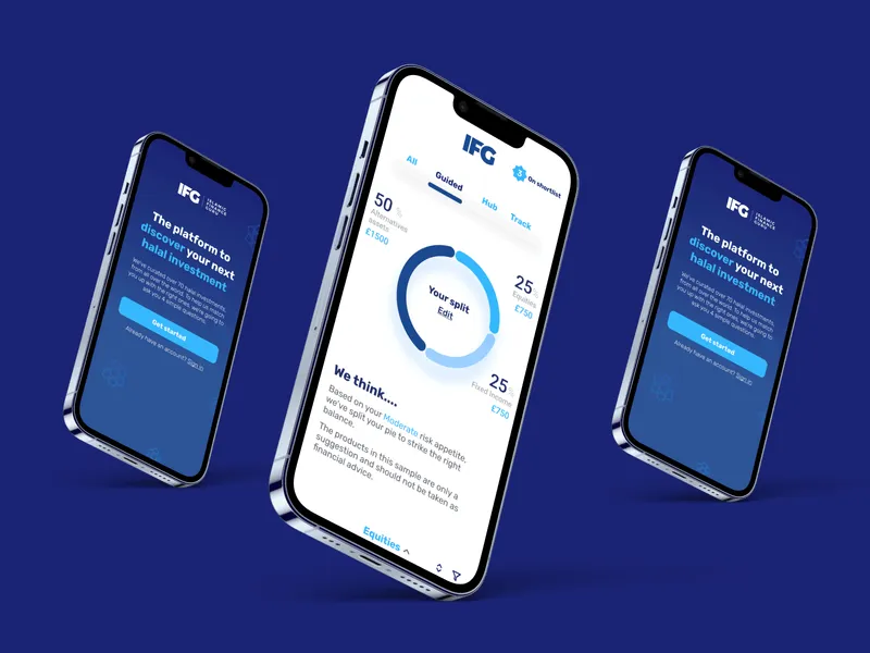Three iPhone screens that show IFG's investment app