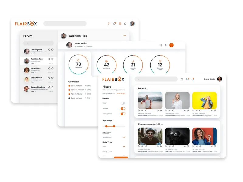 Flairbox's dashboard, analytics and chats screens