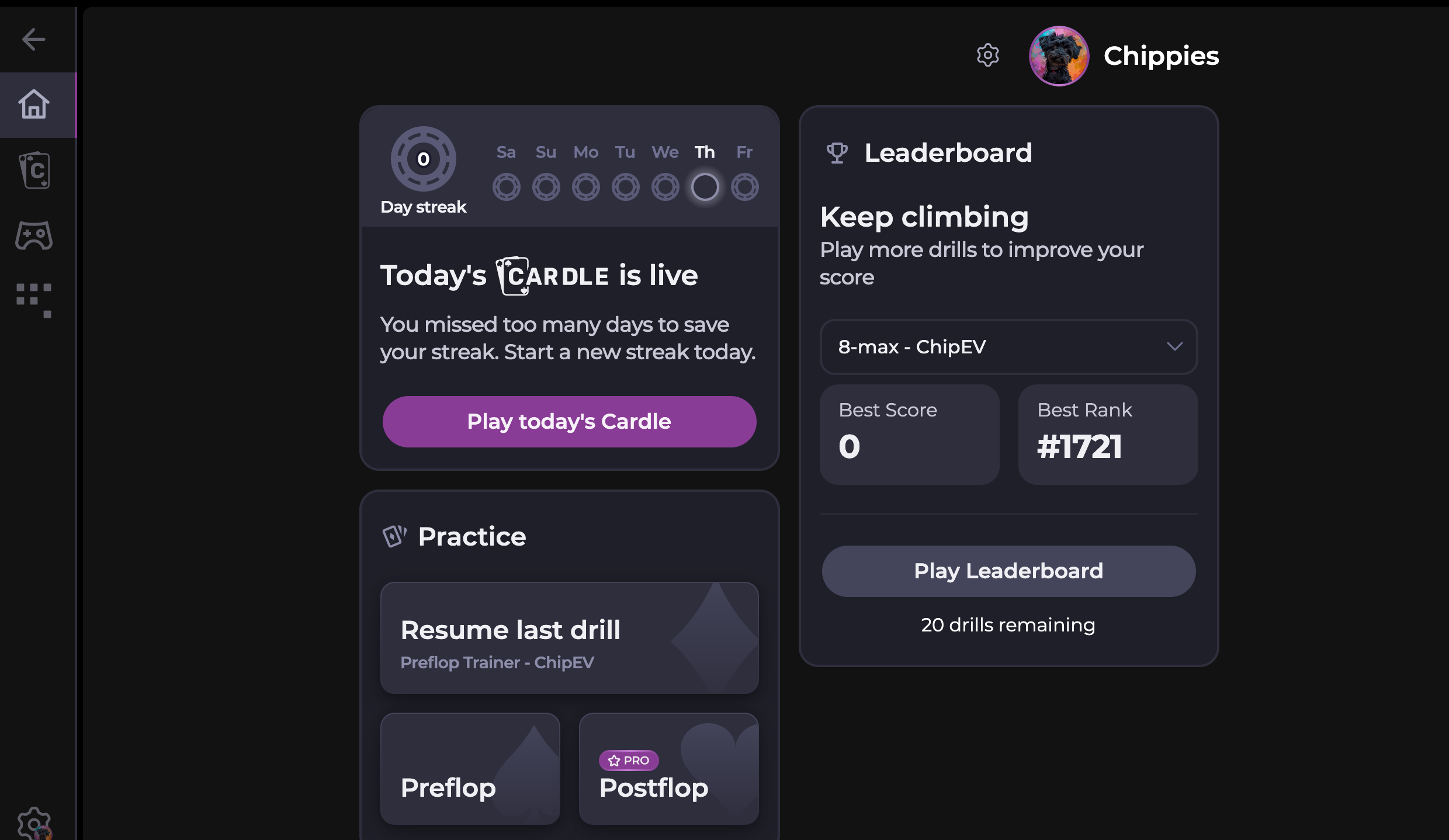 Lucid Poker home screen showing the Cardle widget, Leaderboard, and Practice section