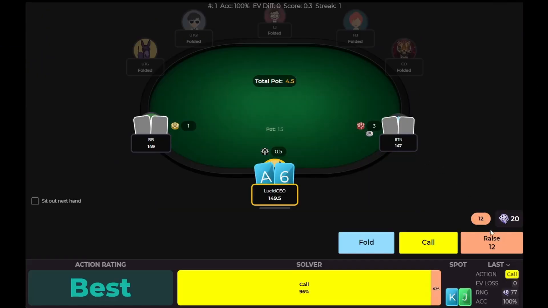 The Preflop GTO Trainer mid-session