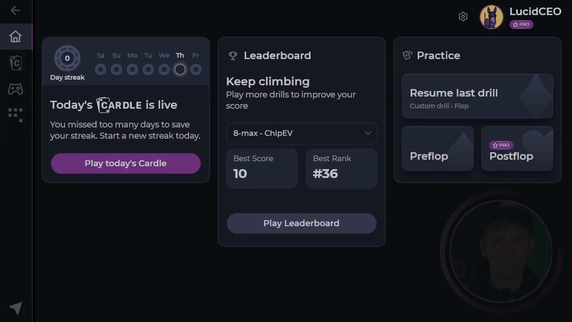 The Lucid Poker home screen showing all feature widgets