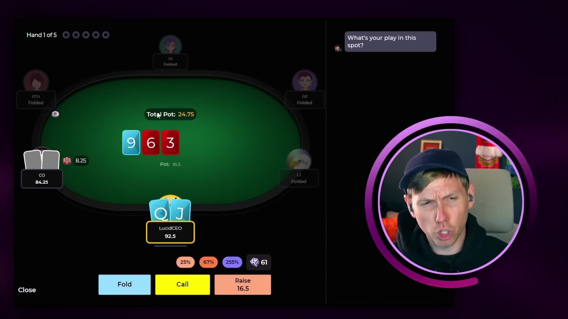 Cardle decision screen showing the hand and available actions
