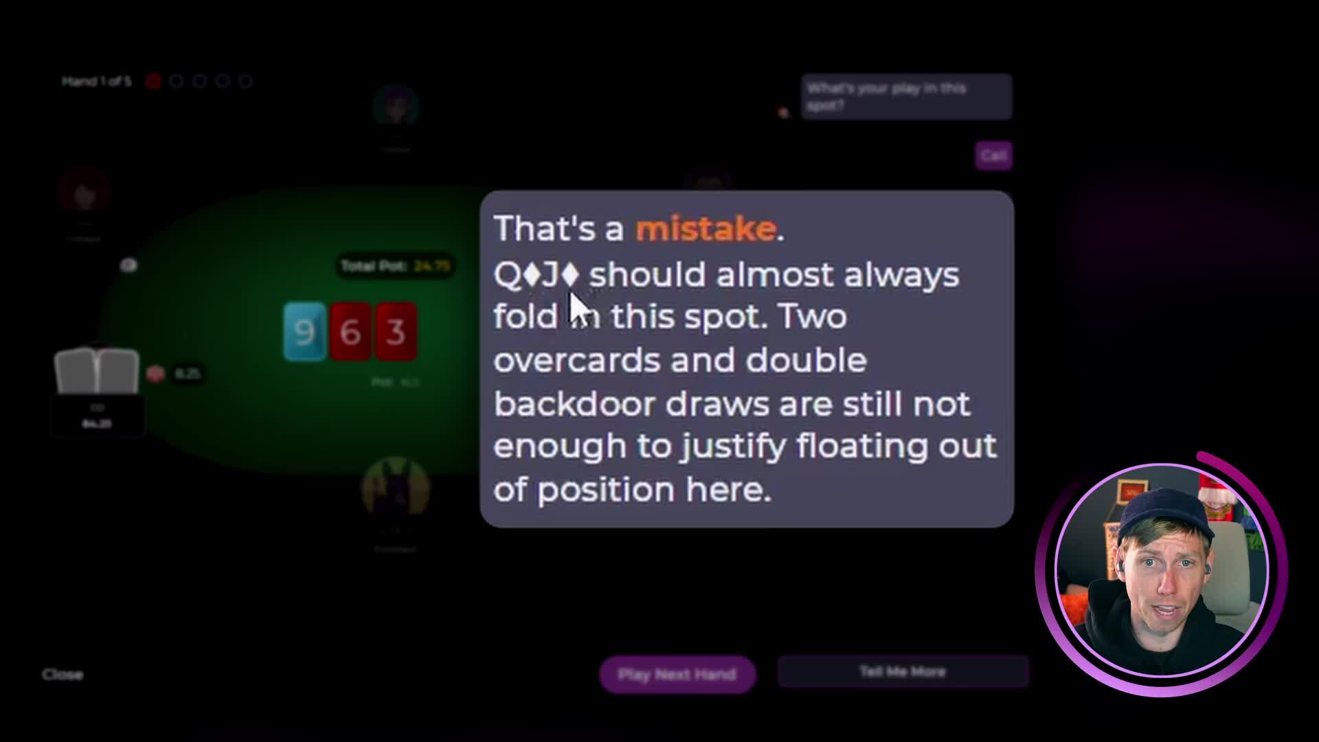 Cardle feedback screen with the coaching explanation