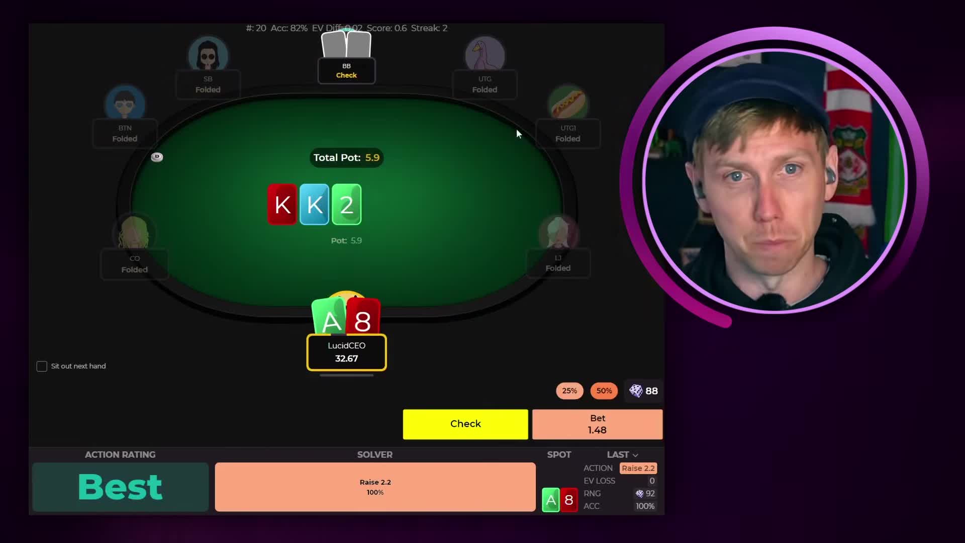 The Lucid Poker drill game area showing the table, pot, player positions, and bet sizing options