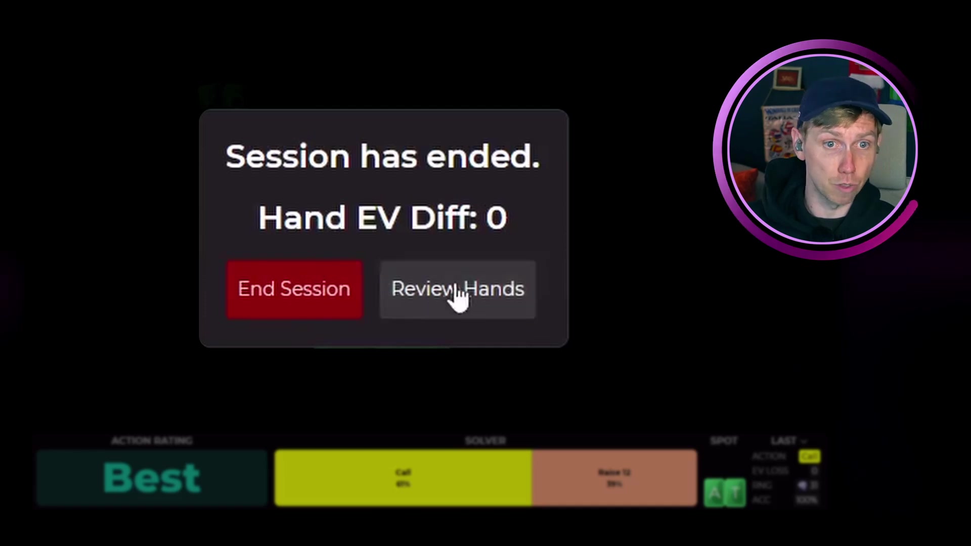 Session complete popup with cursor over Review Hands button