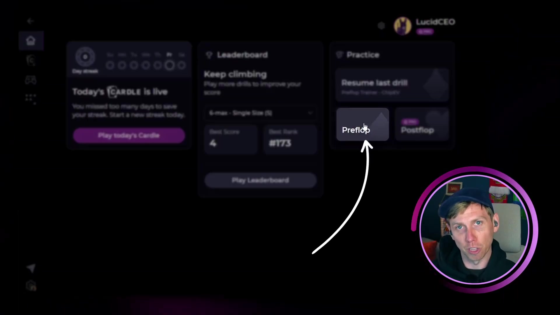 Lucid home screen with Preflop button
