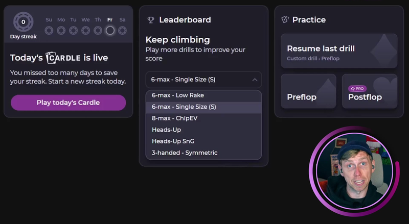 Leaderboard Drills selection screen inside Lucid Poker