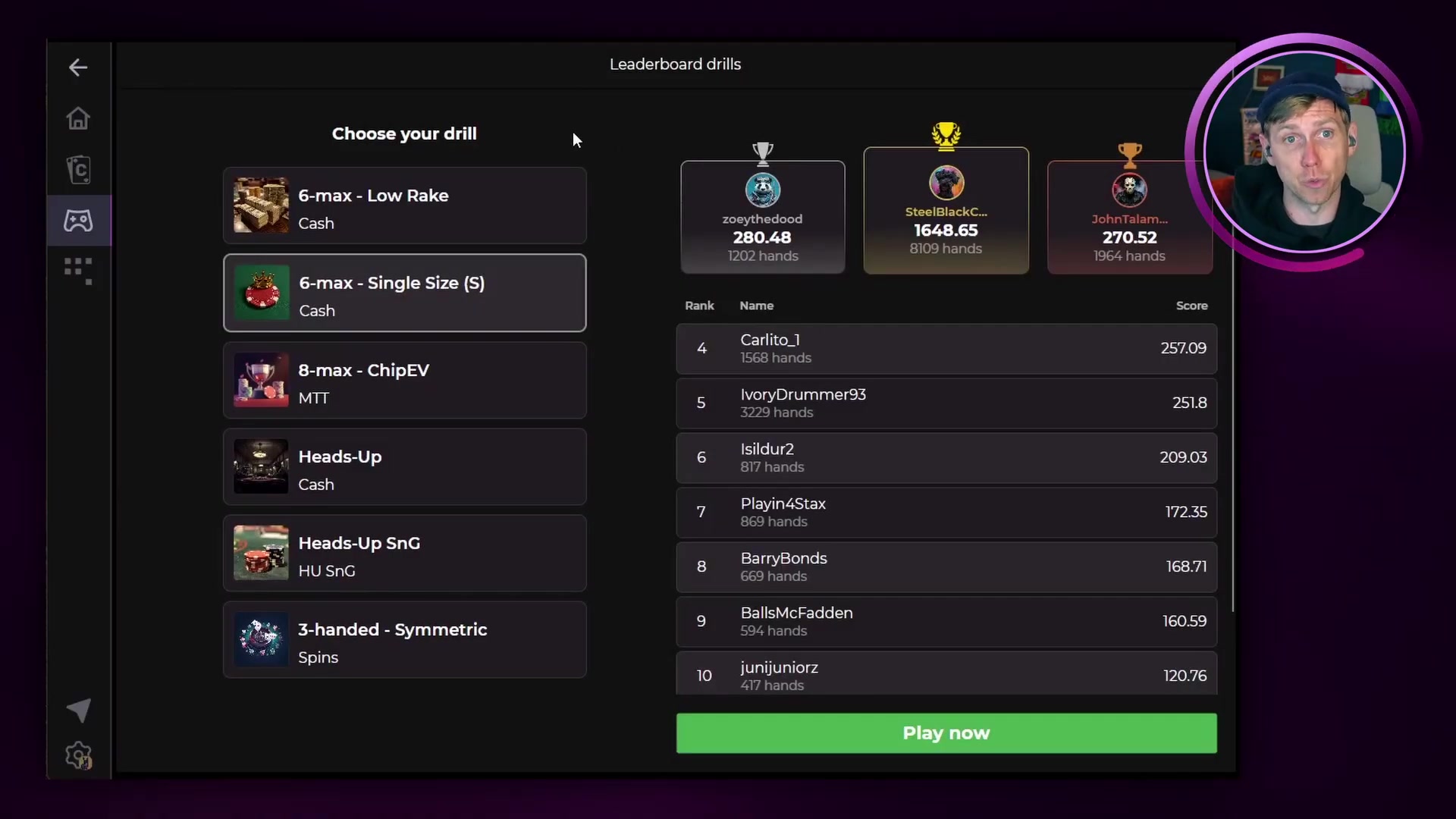 Leaderboard standings showing player rankings in Lucid Poker