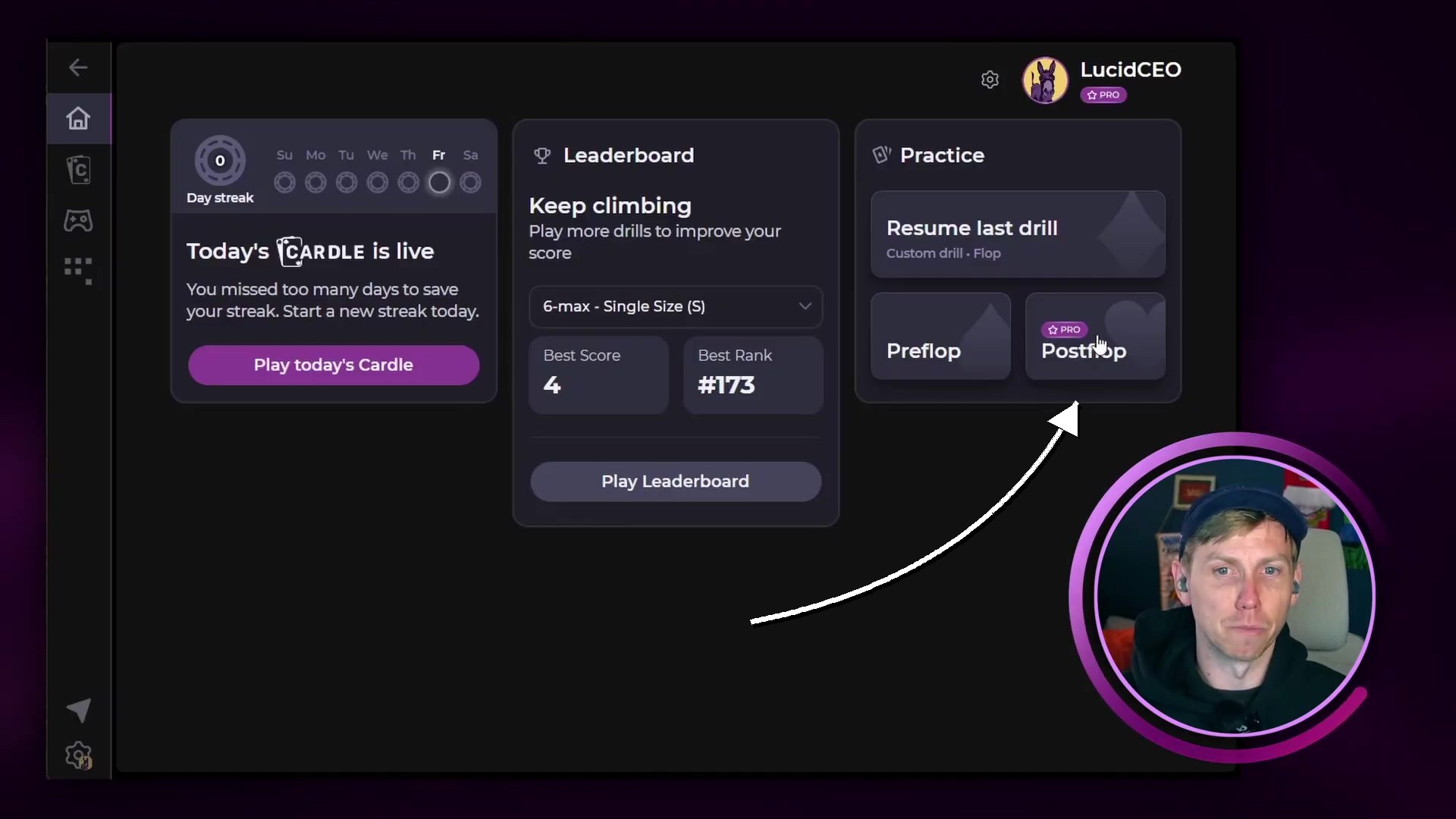 Lucid home screen with arrow pointing to the Postflop button