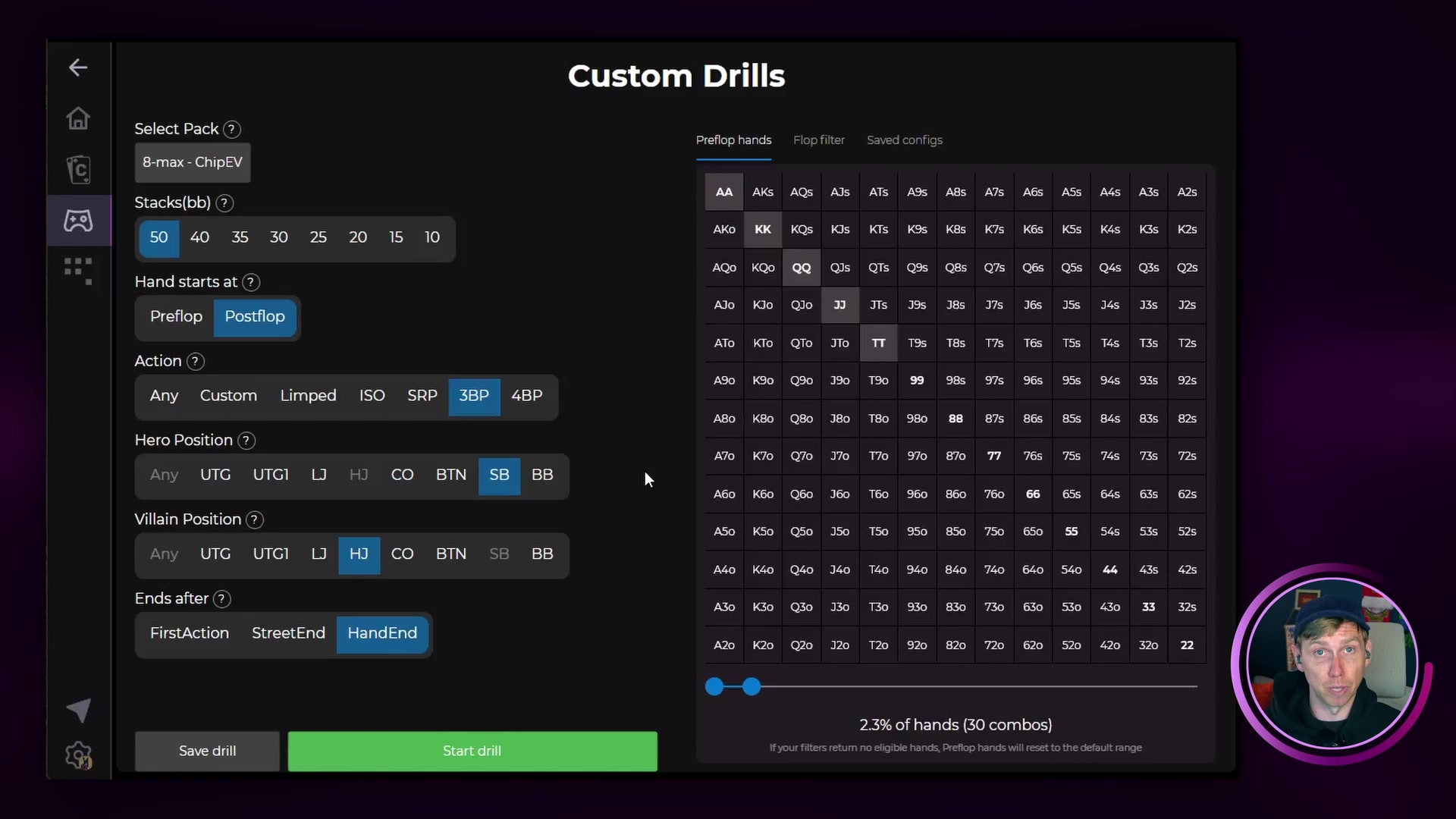 Preflop hand filter with big pairs selected
