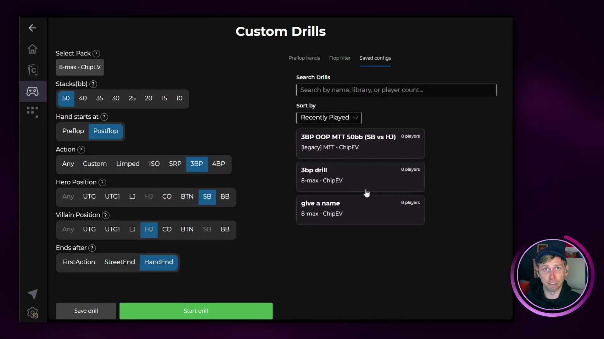 Saved configs tab showing named drill configurations