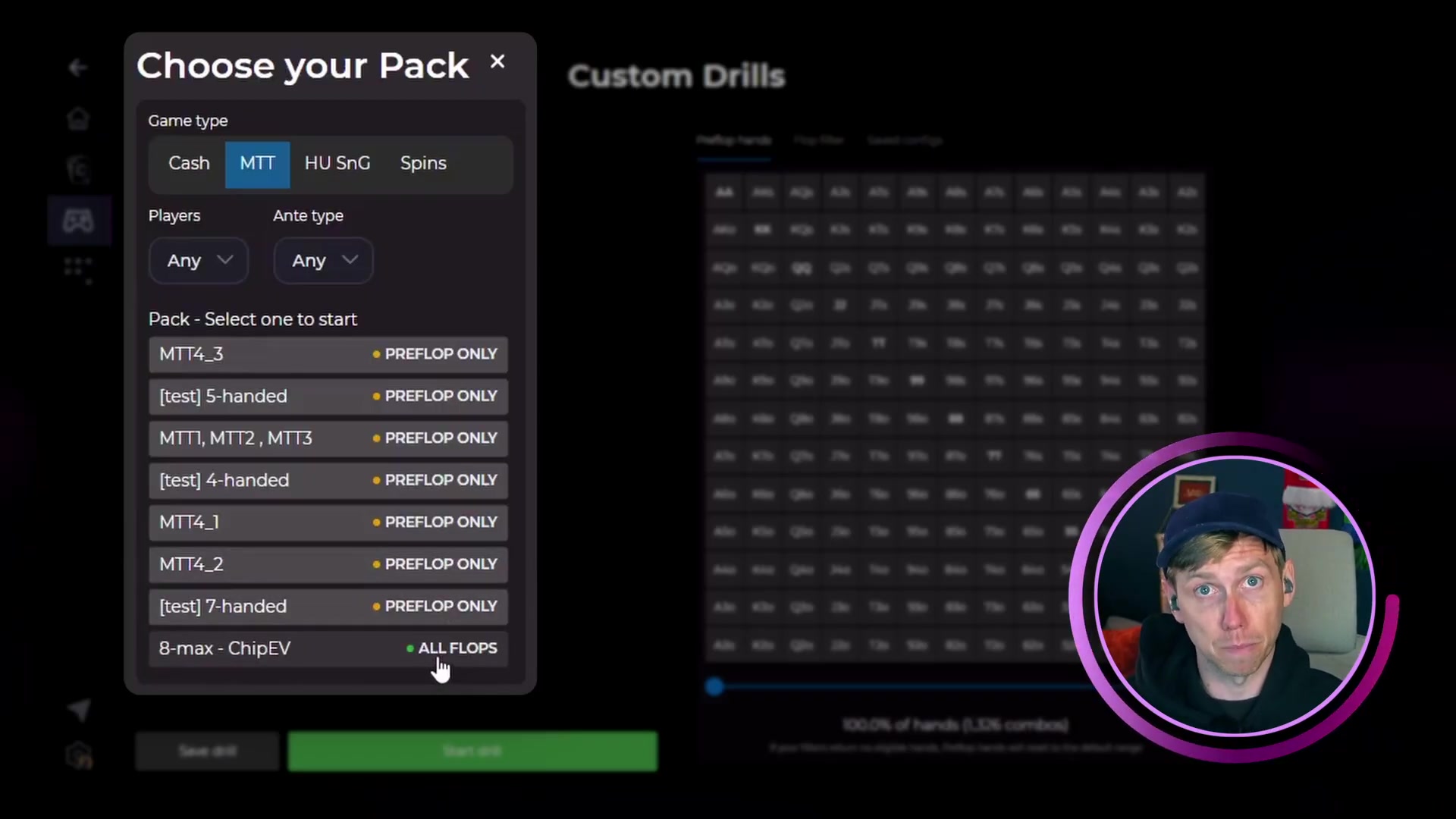 Pack selector showing MTT and cash game options
