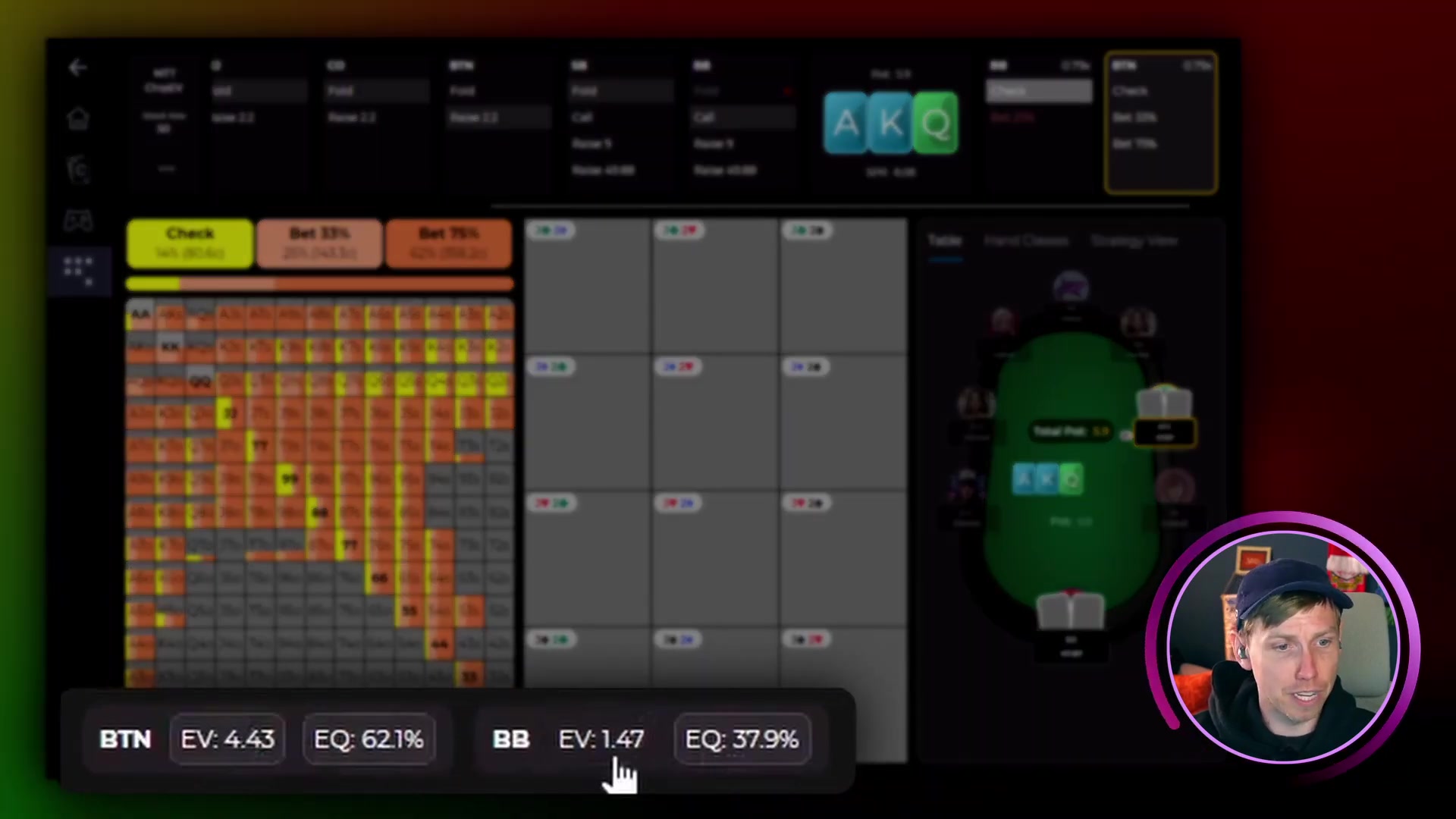 Close-up of the EV and equity numbers at the bottom of the Sim Browser screen for both BTN and BB