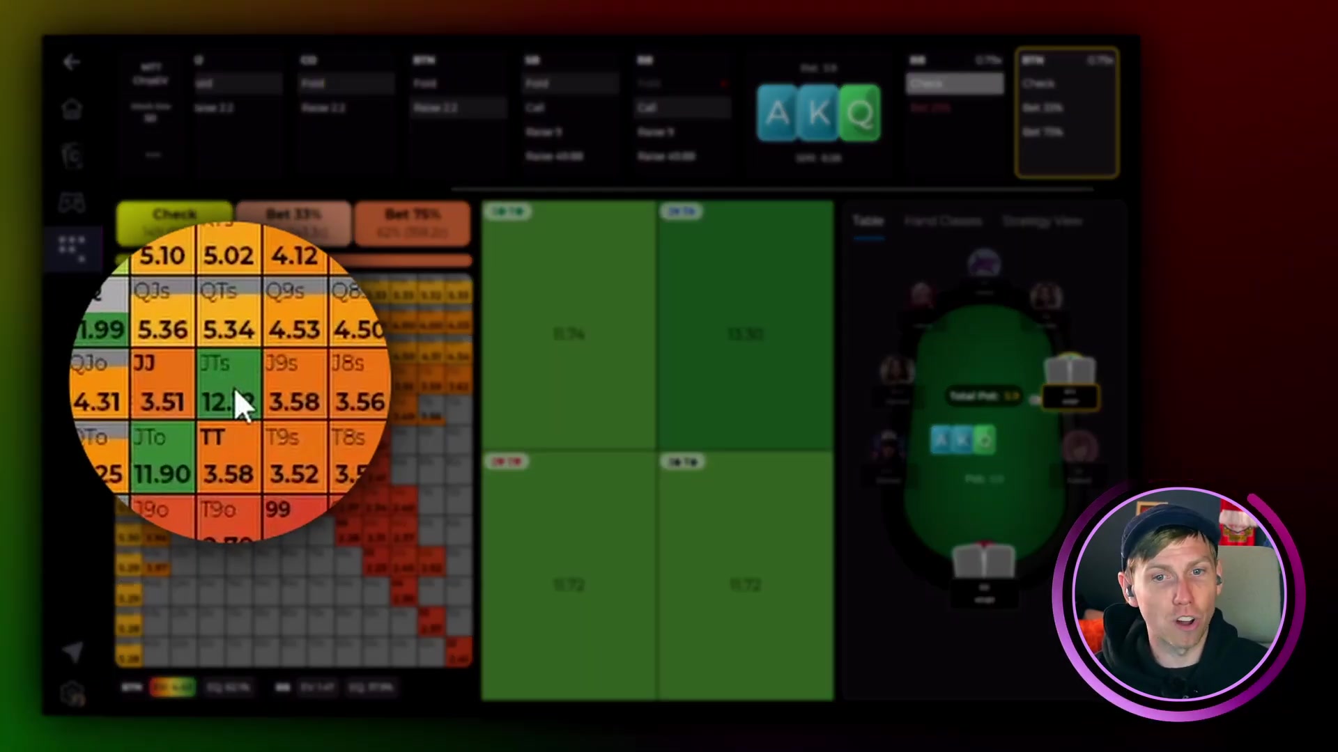 Close-up of the BTN EV heat map highlighting JTs at 12.xx big blinds of EV on the AKQ flop