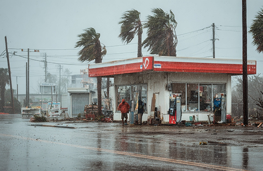 Small gas station with two pumps during a storm with strong wind bending palm trees and rain pouring down.