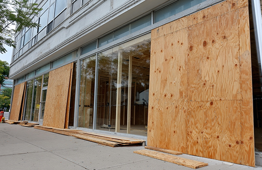 Storefront windows covered with plywood boards on a city sidewalk, indicating construction or protection.