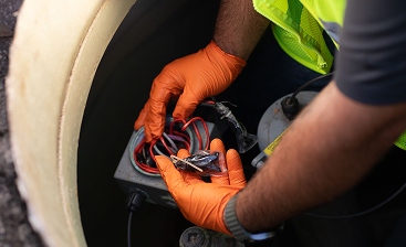 Worker in orange gloves handling wires inside a utility box, wearing a yellow safety vest.