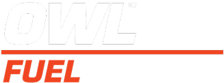 OWL FUEL logo with white text on black background and an orange underline below OWL.
