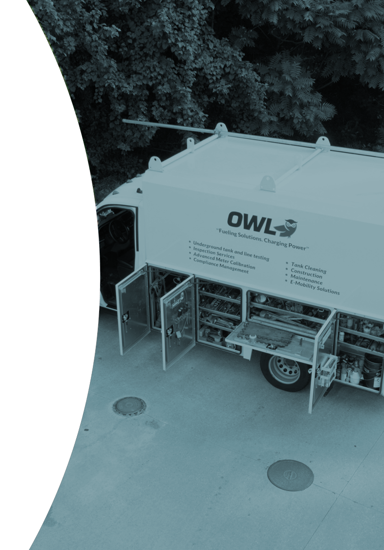 Service truck with open side compartments revealing tools, labeled with OWL logo and list of fueling and maintenance services.