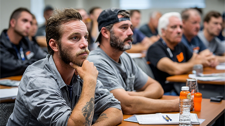 Men attentively listening in a classroom setting, some with pens and notebooks on desks.