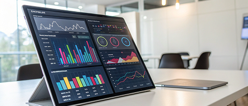 Tablet on a desk displaying colorful business analytics charts and graphs in a modern office.