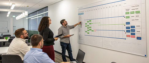 Four colleagues in an office discussing a project timeline displayed on a large whiteboard.