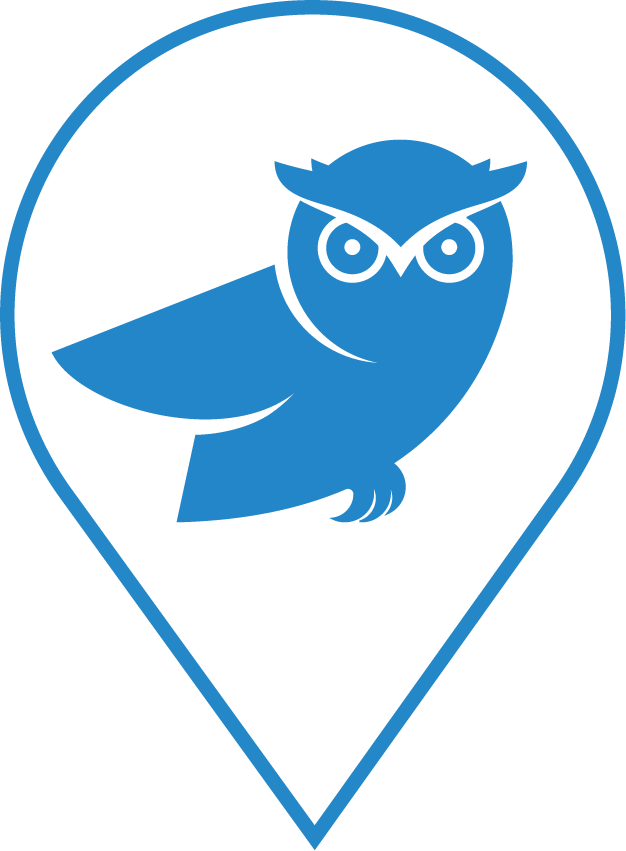 Blue owl icon inside a blue-bordered map location pin.