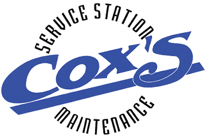 Logo with blue text 'Cox's' underlined, with 'Service Station' curved above and 'Maintenance' curved below.