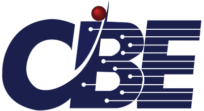 Logo with stylized letters 'CBE' connected by circuit-like lines and a red sphere above the letter B.