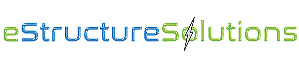 Logo for eStructure Solutions with stylized blue and green text and a diagonal dividing line.