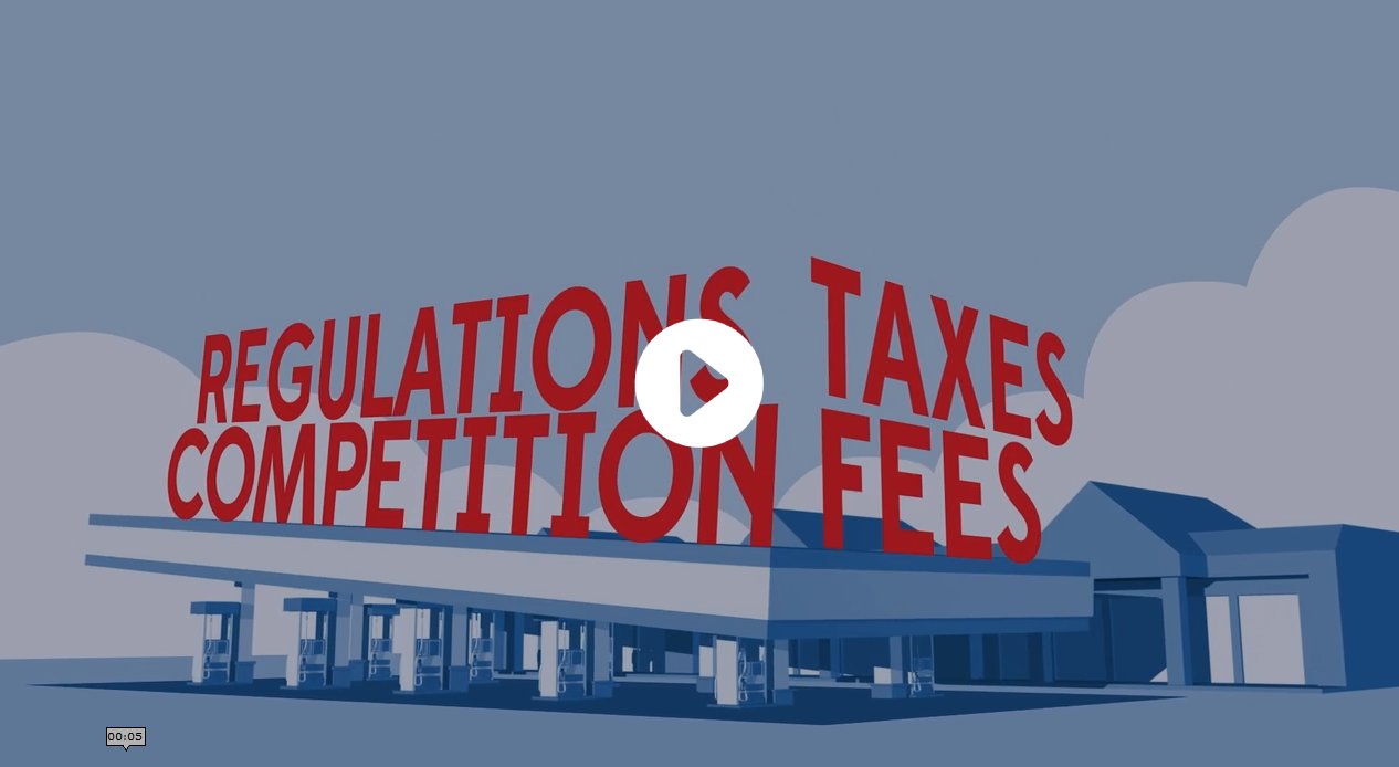 3D illustration of a building with large red words above it reading Regulations, Taxes, Competition, and Fees.