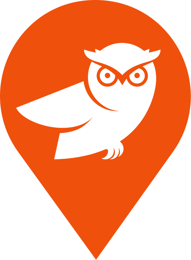White stylized owl inside an orange map location pin icon.