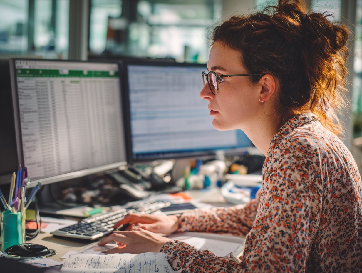 Woman with glasses working on computer with two monitors displaying spreadsheet data in an office.