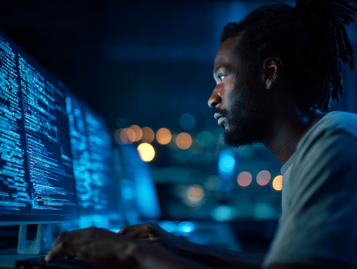 Man with dreadlocks focused on coding on multiple computer screens in a dimly lit room.