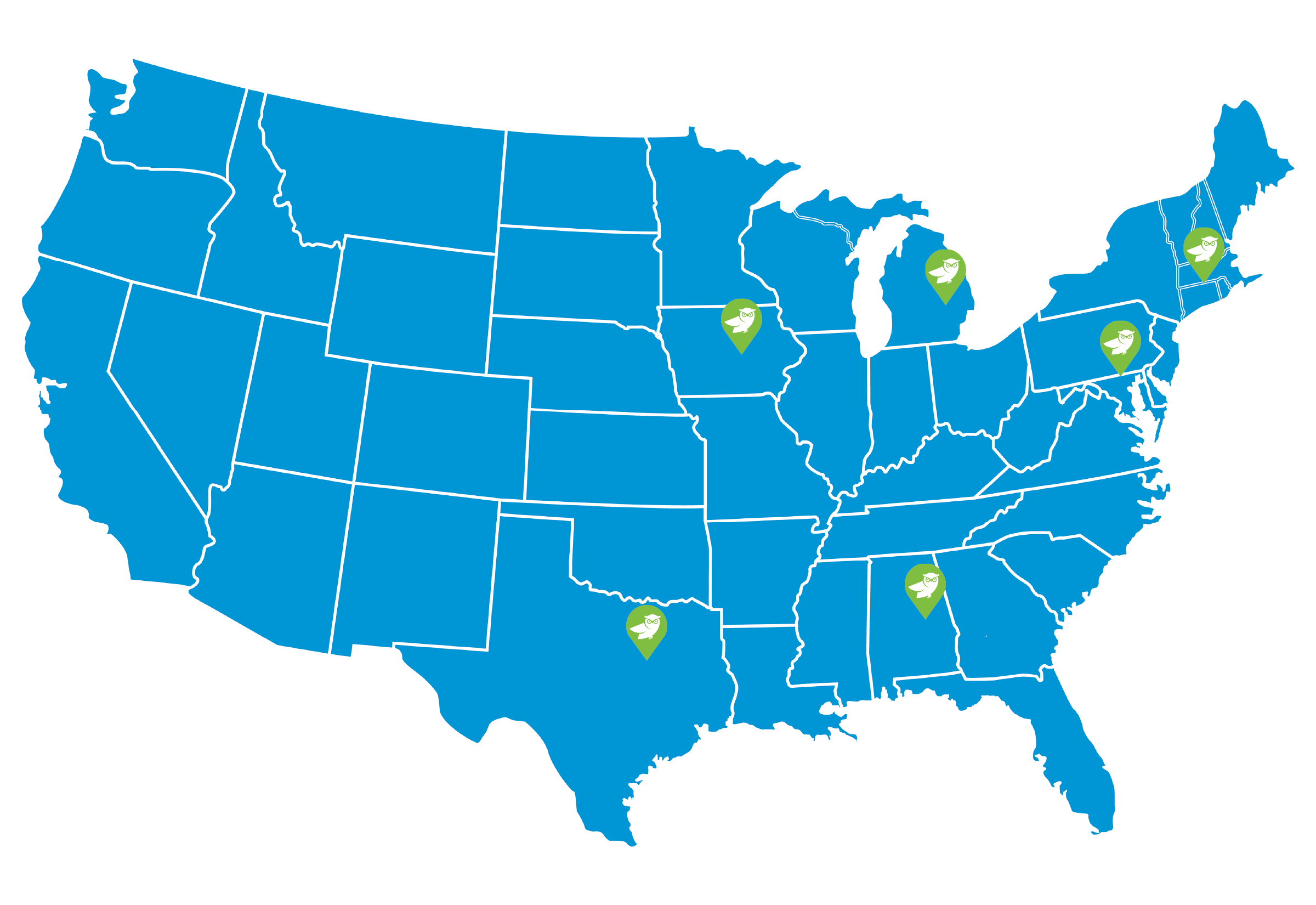 Map of the United States with five green location markers showing owl training centers in New York, Pennsylvania, Michigan, Iowa, Texas, and Georgia.