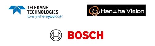 Logos of Teledyne Technologies, Hanwha Vision and Bosch arranged in a grid.