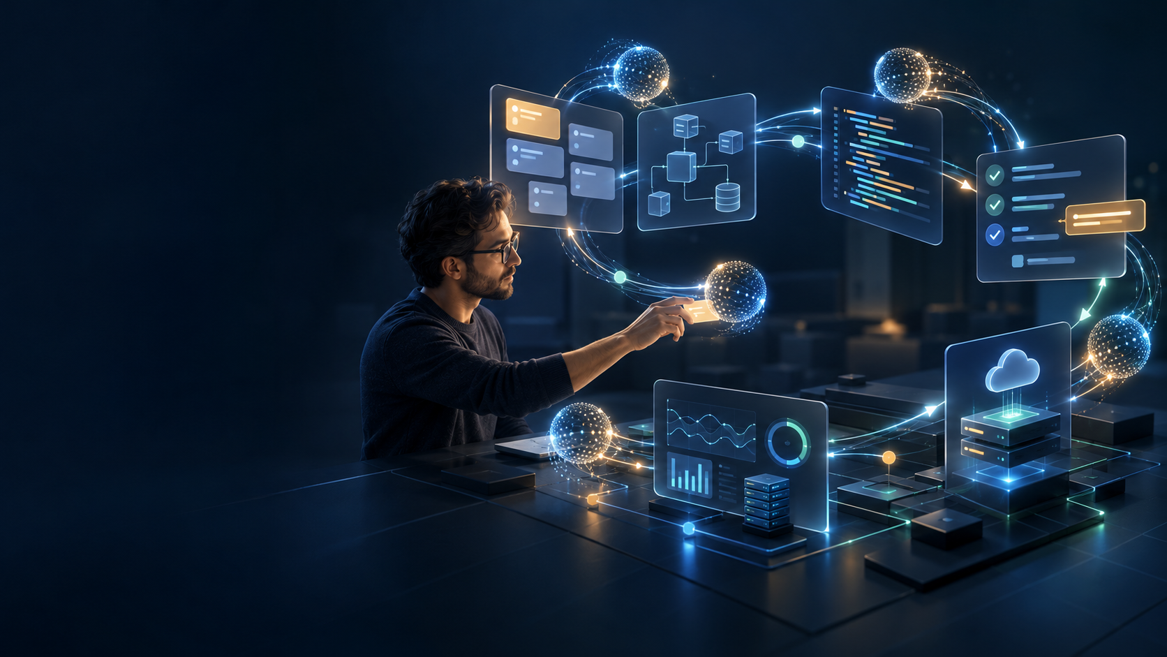 Un ingénieur travaillant avec des agents d’IA dans un processus de développement logiciel connecté.