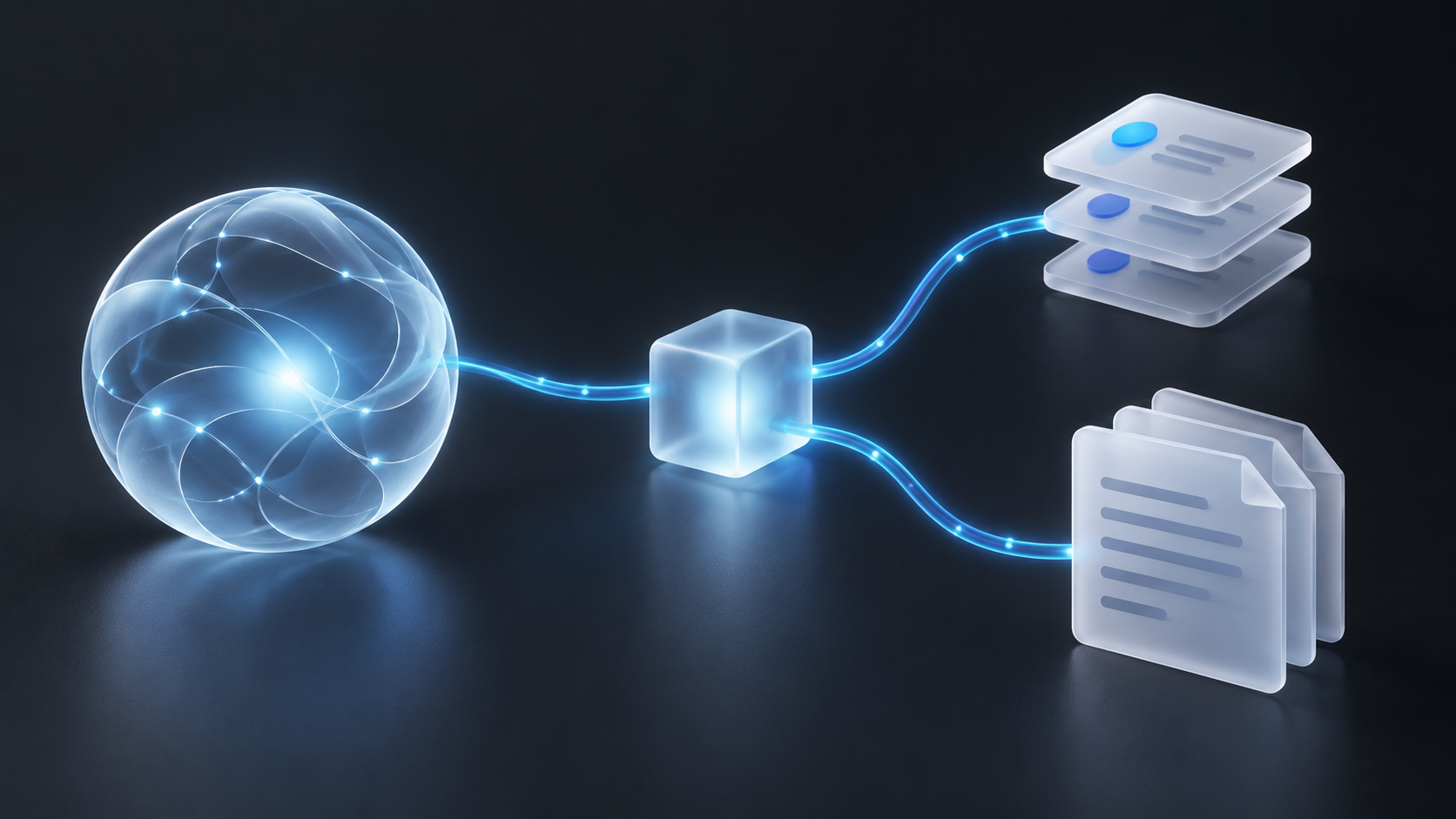Une sphère représentant l’IA reliée à des cartes de tâches et à des documents via un point de connexion central.