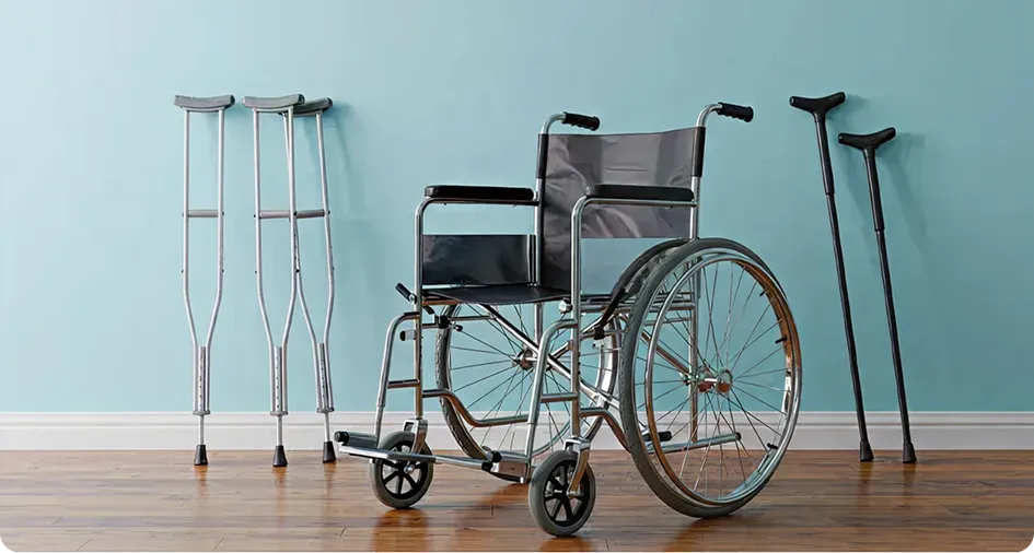 Wheelchair and mobility aids positioned against a wall in a home setting