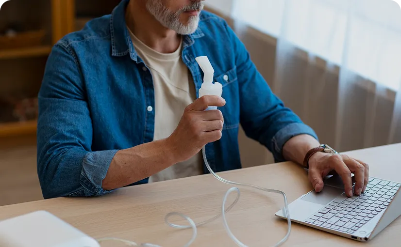 Veteran using a home oxygen concentrator while working at a desk