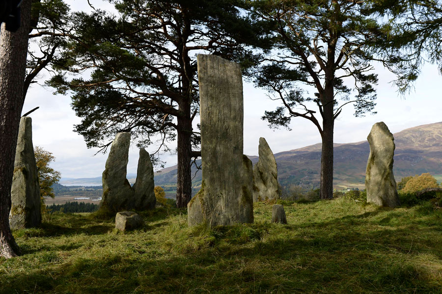 Ancient standing stones arranged on a grassy hill with tall pine trees and distant hills in the background.