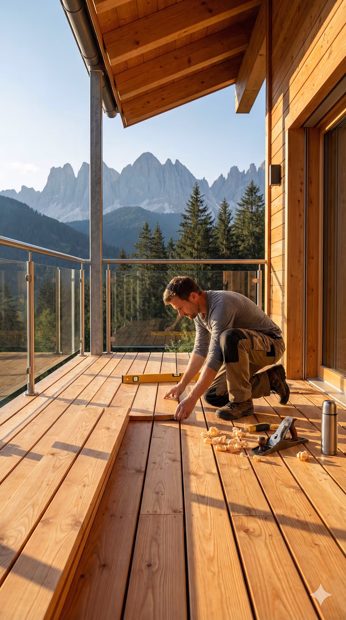 Mann kniet auf einer Holzterrasse im Freien und legt Holzplanken zusammen, mit Bergen und Wald im Hintergrund.