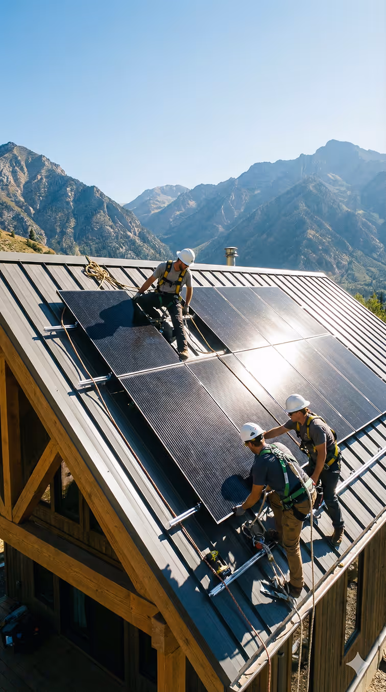 Drei Arbeiter mit Schutzhelmen installieren Solarpanele auf einem Dach vor Bergkulisse.