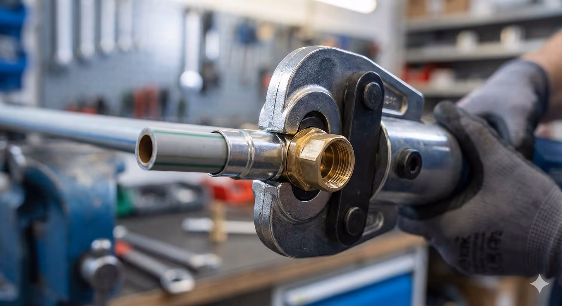 Hand mit grauem Handschuh, die eine Rohrzange an einem Metallrohr befestigt.