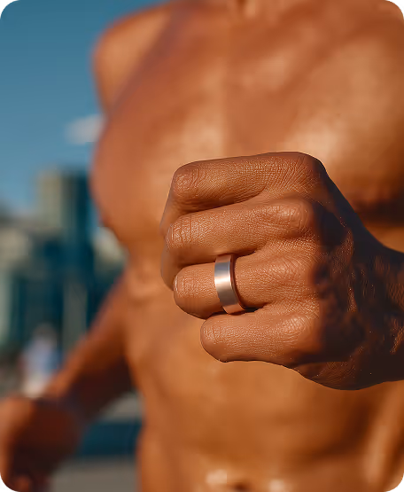Lumen ring product shown on the hand of a person running and a torso in the background