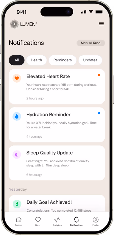 Mobile phone showing an app onscreen with a list of health and body related notifications