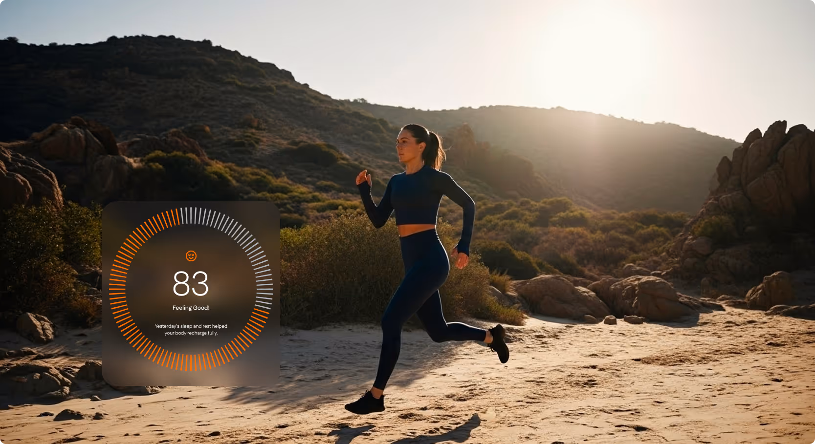 A woman running on a rugged, sandy trail alongside a visualization of performance data