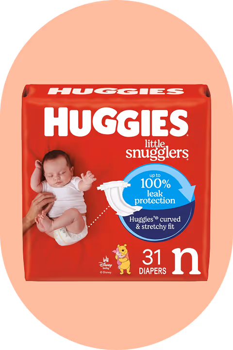 Red package of Huggies Little Snugglers diapers featuring a sleeping baby, leak protection info, and 31 diapers count.