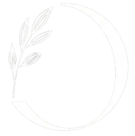 Minimalist white crescent shape with a stylized branch of leaves on a black background.