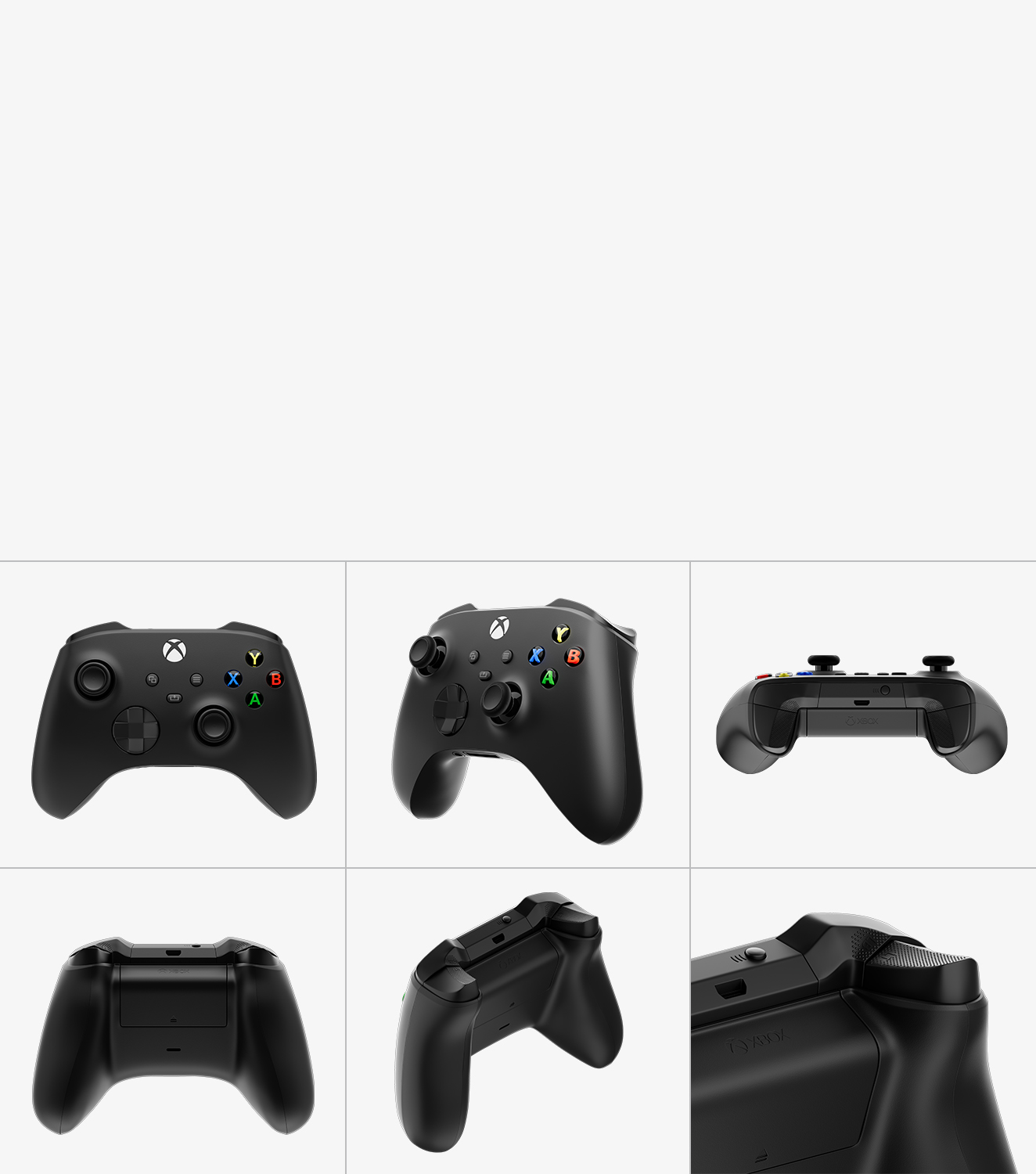 Rendus 3D d'une manette XBOX, vue de côté, vue 3/4 avant, vue de 3/4 arrière, vue de face, et vue de détail.